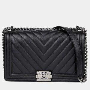 Pre Owned Chanel Boy Large Black Caviar Leather Crossbody Bag