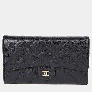 Pre Owned Chanel Classic Black Caviar Leather Long Wallet