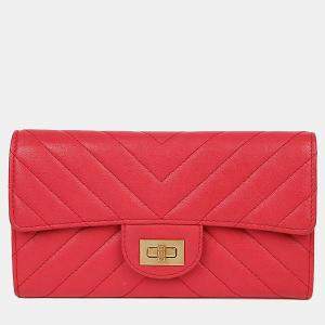 Pre Owned Chanel Chevron Pink Leather Long Wallet