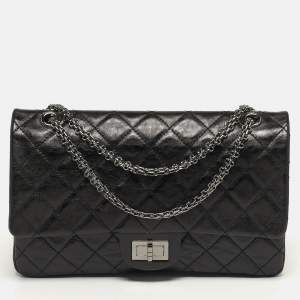 Pre Owned Chanel 2.55 Reissue 227 Black Quilted Glazed Aged Leather Flap Bag