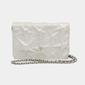 Pre Owned Chanel Star Emboss Lambskin Chain/Shoulder Wallet Silver