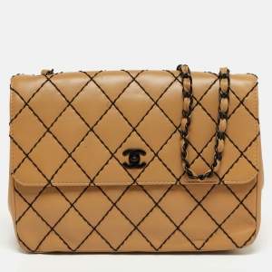 Pre Owned Chanel Beige/Black Wild Stitch Quilted Leather Flap Bag