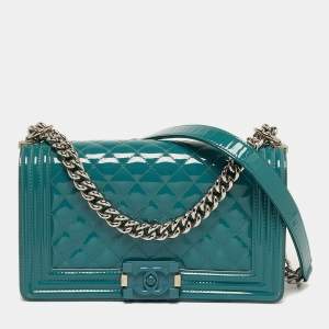 Pre Owned Chanel Boy Medium Blue Quilted Patent Leather Flap Bag