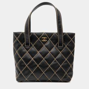 Pre Owned Chanel Black Small CC Quilted Calfskin Wild Stitch Tote