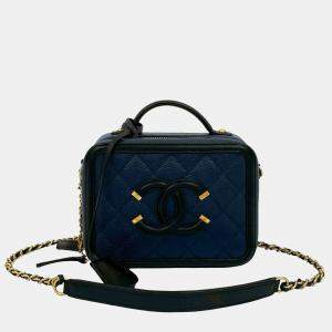 مملوكة مسبقًا حقيبة شانيال فانتي كافيار ثنائية اللون أسود أزرق صغيرة سي سي فايناقري