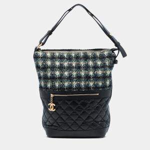 Pre Owned Chanel Black Green Quilted Aged Calfskin and Tweed Casual Style Hobo