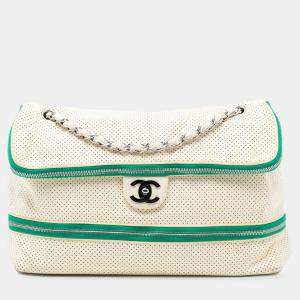 Pre Owned Chanel White Perforated Calfskin Expandable Shoulder Bag