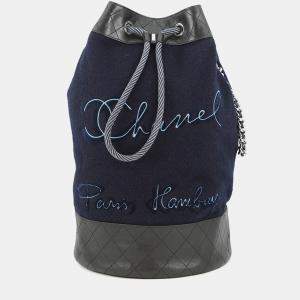 مملوكة مسبقًا Chanel Embroidery One Diary Drawstring Shoulder Bag Navy/Black Wool Leather