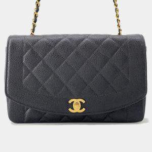 Pre Owned Chanel Diana Chain Shoulder Bag Black Caviar Leather Size 25