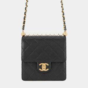 Pre Owned Chanel Pearl Chain Shoulder Bag Black Lambskin