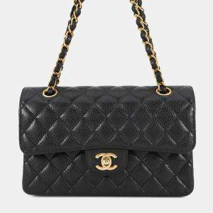Pre Owned Chanel Matelasse Double Flap Chain Shoulder Bag Black Caviar Leather Size 23