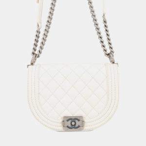 Pre Owned Chanel Boy Chanel Chain Shoulder Bag White Caviar Leather