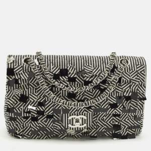مملوكة مسبقًا Chanel Medium Black/White Striped Quilted Fabric and Sequin Double Flap Bag
