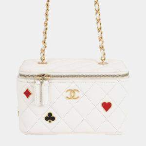 Pre Owned Chanel White Small Quilted Caviar Coco Casino Vanity Case
