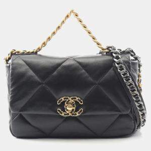 Pre Owned Chanel 19 Disneuf Matelasse Shoulder Bag In Lambskin Leather Black