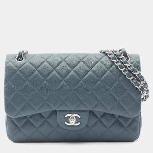 Pre Owned Chanel Deca Matelasse 30 Classic Large Double Flap Shoulder Bag In Grained Calfskin Leather Green