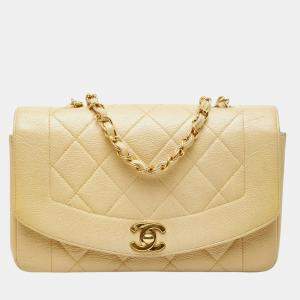 Pre Owned Chanel Matelasse Coco Mark Diana Crossbody Chain Shoulder Bag In Beige Caviar Skin