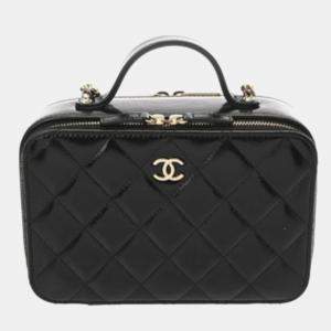 Pre Owned Chanel Top Handle Black Shiny Calfskin Vanity Bag