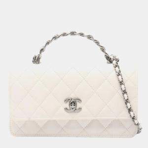 مملوكة مسبقًا Chanel Matelasse Top Handle Phone Case Shoulder Bag In Lambskin Leather White