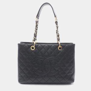 Pre Owned Chanel Matelasse Grand Shopping Gst Tote Bag In Calfskin Leather Black