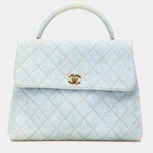 Pre Owned Chanel Coco Mark Quilted Handbag With Top Handles Light Blue Denim