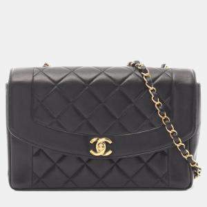 Pre Owned Chanel Matelasse Diana Flap Shoulder Bag In Lambskin Leather Black