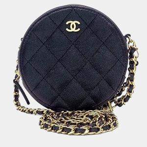 Pre Owned Chanel Black Leather Caviar Round Mini Crossbody Bag