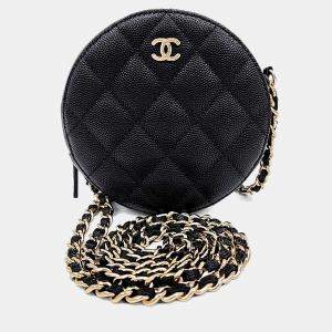 Pre Owned Chanel Black Leather Caviar Round Mini Crossbody Bag