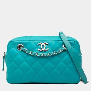 Pre Owned Chanel Blue Medium CC Quilted Rubberized Lambskin Coco Rain Camera Bag