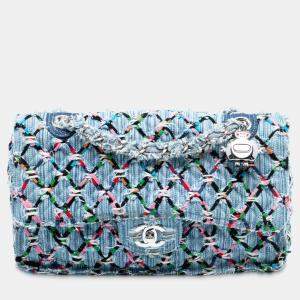 Pre Owned Chanel Blue Medium Denim Rainbow Woven Stitch Quilted Robot Charm Single Flap