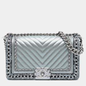 مملوكة مسبقًا Chanel Silver Old Medium Chevron Lambskin and Braided Tweed Jacket Boy Flap