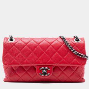 Pre Owned Chanel Red Medium Quilted Shiny Lambskin Burgundy Rocks Flap