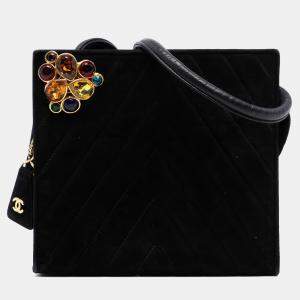 Pre Owned Chanel Black Chevron Velvet CC Stones Crossbody