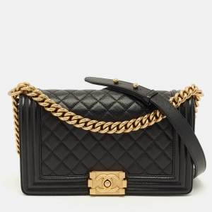 Pre Owned Chanel Boy Medium Black Quilted Caviar Leather Flap Bag