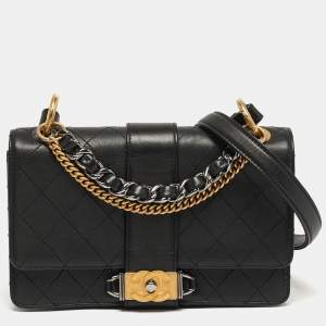 Pre Owned Chanel Double Chain Black Quilted Leather Flap Shoulder Bag