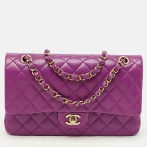 Pre Owned Chanel Classic Double Flap Medium Purple Quilted Caviar Leather Shoulder Bag