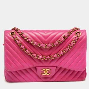 مملوكة مسبقًا Chanel Classic Double Flap Jumbo Pink Chevron Leather Shoulder Bag