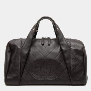 Pre Owned Chanel Brown Medium Chevron Lambskin All Day Long Bowling Bag