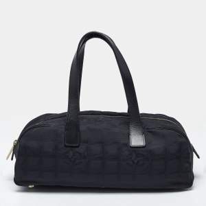 Pre Owned Chanel Travel Ligne Black Printed Nylon Bowler Bag