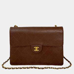 مملوكة مسبقًا Chanel Brown CC Jumbo Stitched Caviar Single Flap