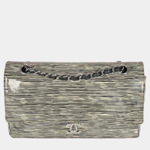 مملوكة مسبقًا Chanel Black, White Striped Patent Medium Classic Double Flap Bag