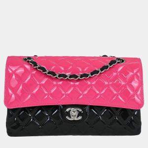 Pre Owned حقيبة كتف شانيل جلد لامع وردي وأسود كلاسيكية متوسطة مزدوجة الغطاء