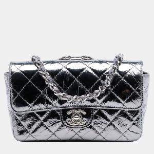 Pre Owned Chanel Silver Mini Quilted Metallic Calfskin Ring Top Handle Flap