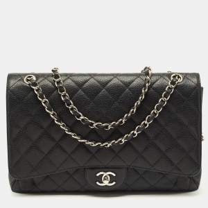 Pre Owned Chanel Classic Single Flap Maxi Black Quilted Caviar Leather Bag