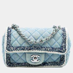 Pre Owned Chanel Blue Mini Rectangular Classic Denim Braided Single Flap