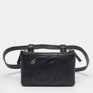 Pre Owned Chanel CC Mania Double Zip Black Leather Waist Belt Bag