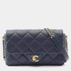 Pre Owned حقيبة كتف شانيلا شانيلا19 ماتلاسي جلد حمل ناعم بلون كحلي