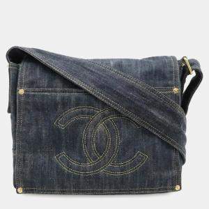 مملوكة مسبقًا Chanel Sparkling Denim Coco Mark Shoulder Bag Indigo Blue