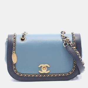 Pre Owned Chanel Chain Around Flap Bag Shoulder Leather Blue Navy