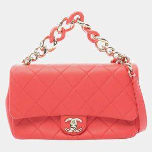 Pre Owned Chanel Large Flap Bag Matelasse Shoulder Lambskin Leather Red